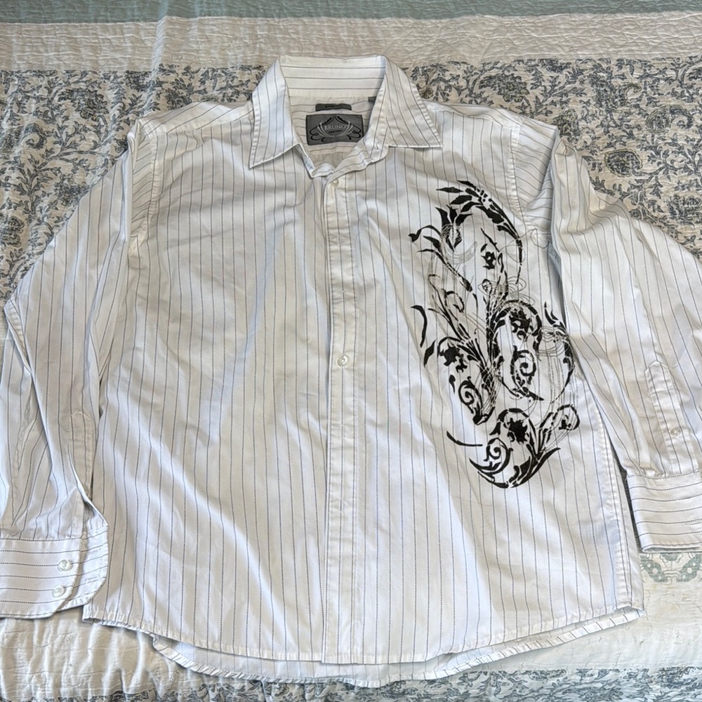 White and Black Casual Button Down Shirt with Artistic Design